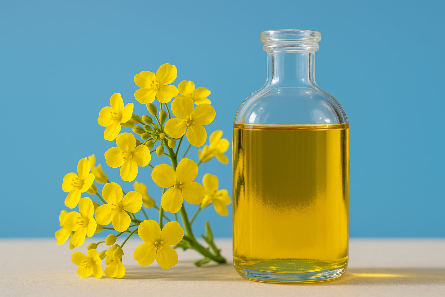 Rapeseed oil with rapeseed flowers against a sky blue background